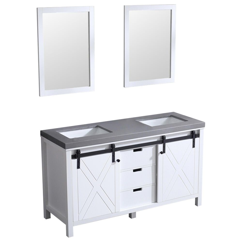 Lexora Home Marsyas 60" Double Bathroom Vanity in White with Grey Quartz Top, Rectangle Sinks and Mirrors, , large