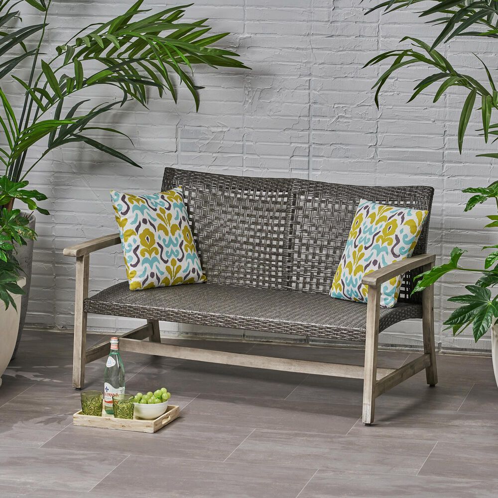 Hearth and Haven Hampton Outdoor Wicker Loveseat with Wooden Frame in Grey, , large