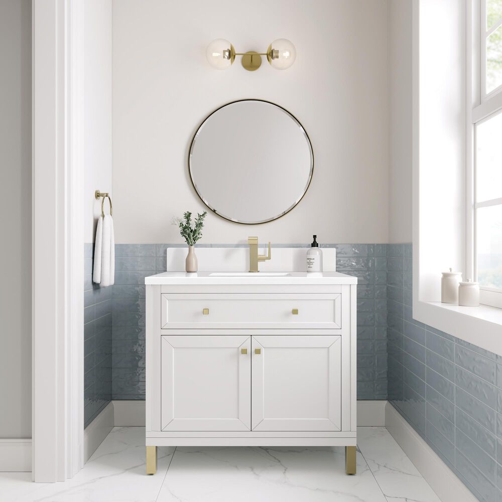 James Martin Vanities Chicago 36&quot; Single Bathroom Vanity in Glossy White with Single Hole 3 cm White Zeus Quartz Top and Rectangular Sink, , large