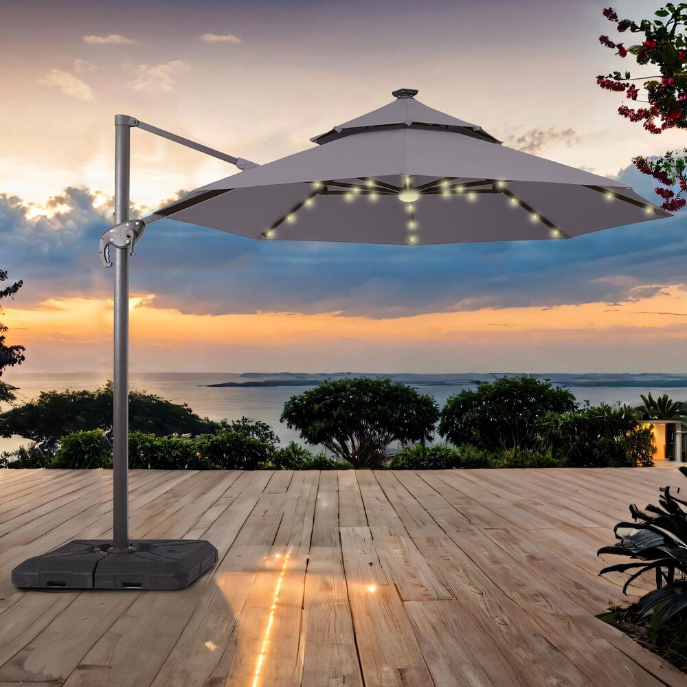 Furniture of America Ausma 10&#39; LED Light Double Top Octagon Patio Umbrella with Base in Gray, , large