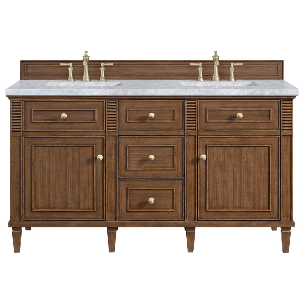 James Martin Vanities Lorelai 60&quot; Double Vanity in Mid-Century Walnut with 3 cm Carrara White Marble Top, , large