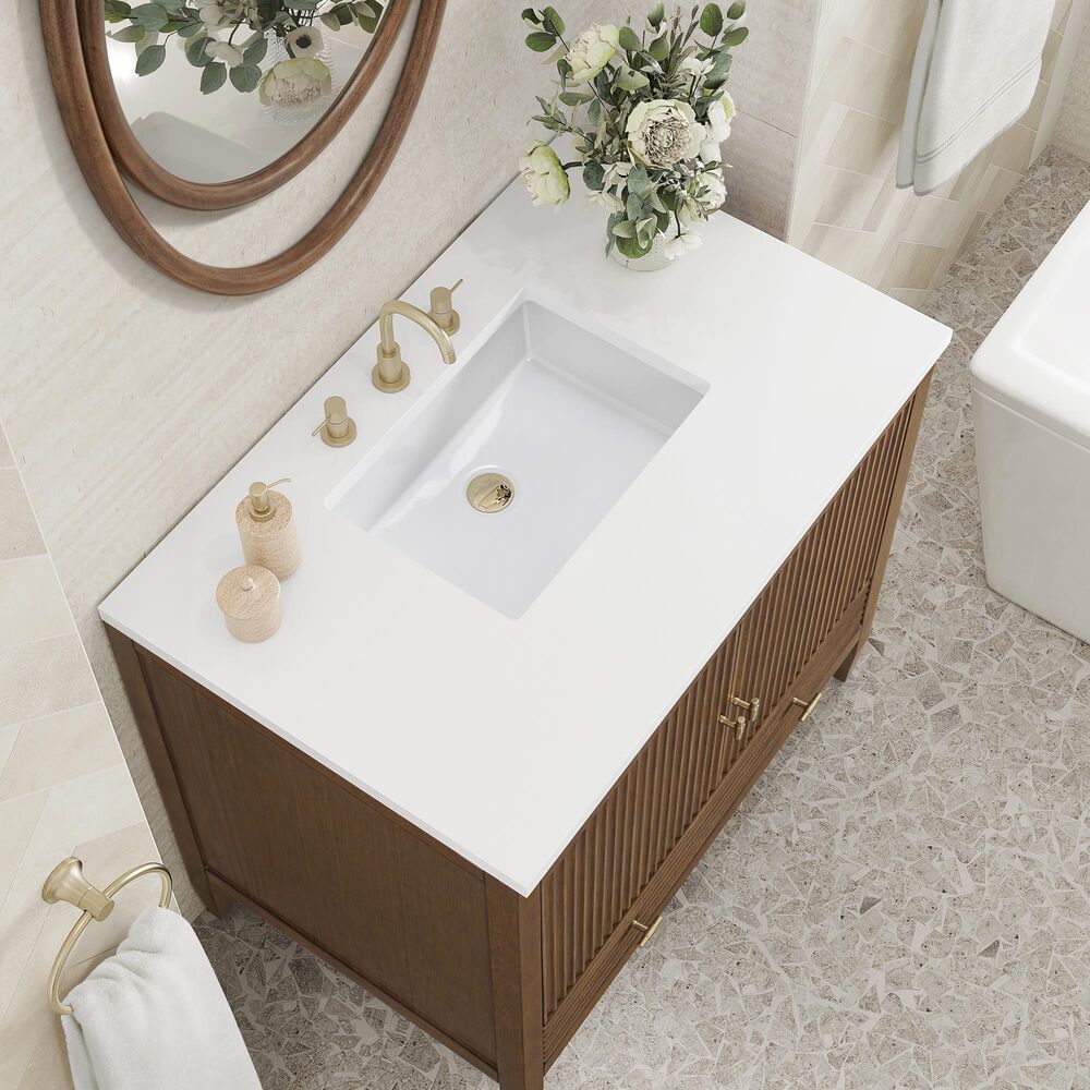 James Martin Vanities Myrrin 36&quot; Vanity in Mid Century Walnut with 3 cm White Zeus Quartz Top, , large