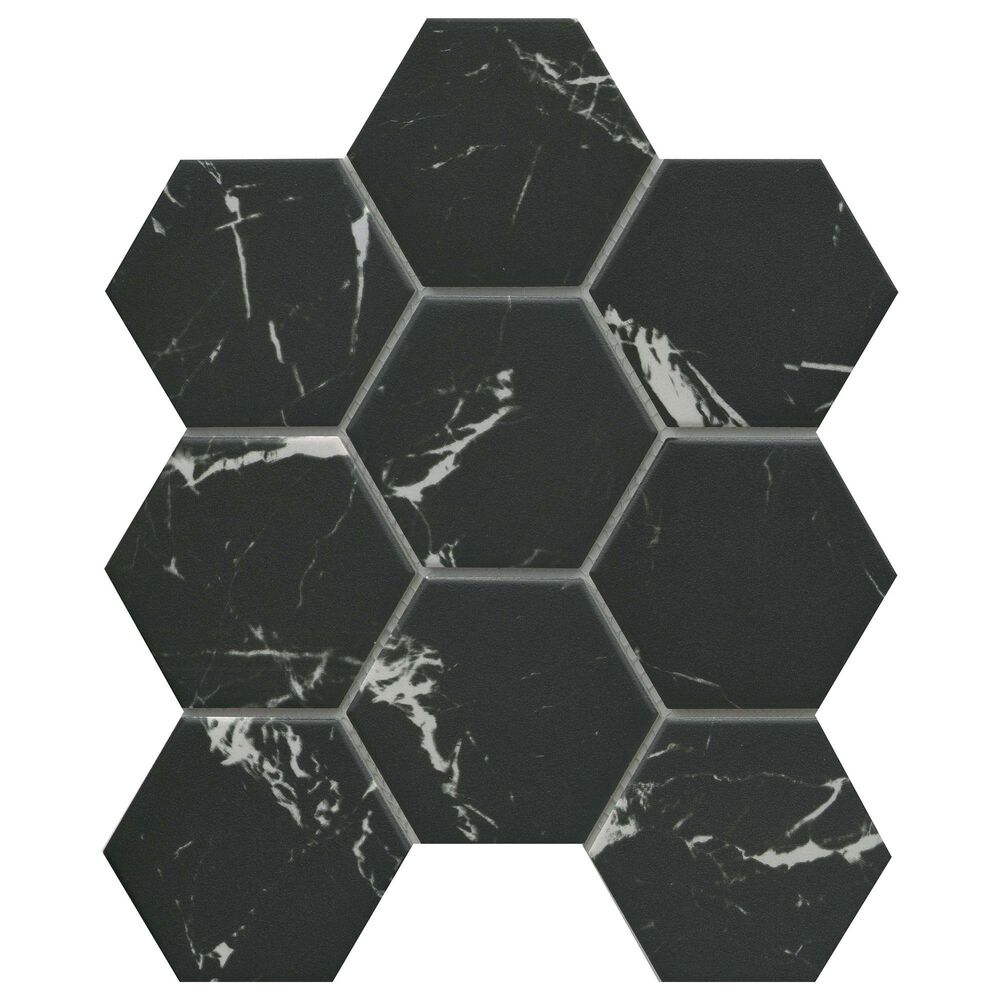 Emser Elegan Nero 4" x 4" Hexagon on 10" x 11" Porcelain Mosaic Sheet, , large