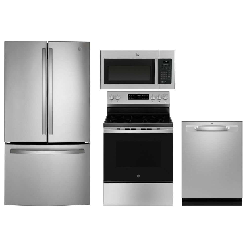 GE Appliances 4-Piece Kitchen Package with 27 Cu. Ft. French Door Refrigerator and 5.3 Cu. Ft. Freestanding Electric Range in Stainless Steel and Black, , large