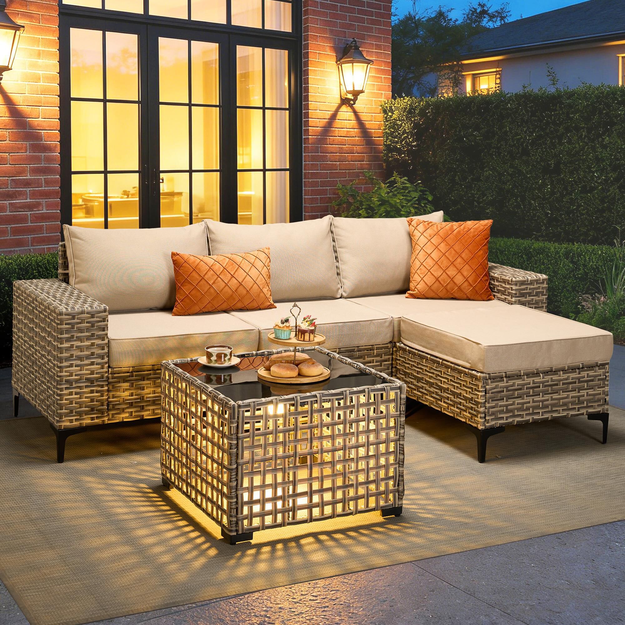 HOMLUX 5-Piece Modular Rattan Outdoor Patio Furniture Set in Beige