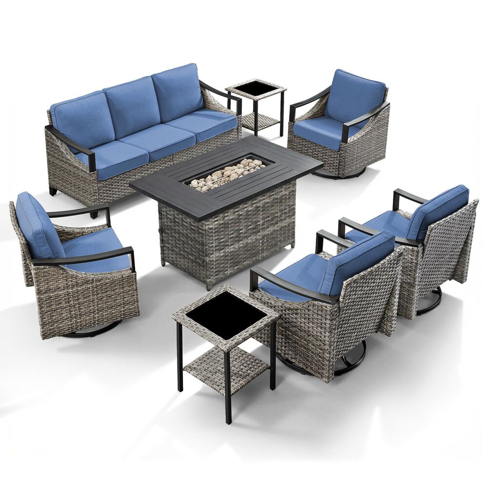Sunwell Garden 8-Piece Patio Conversation Set with Fire Pit in Navy, , large