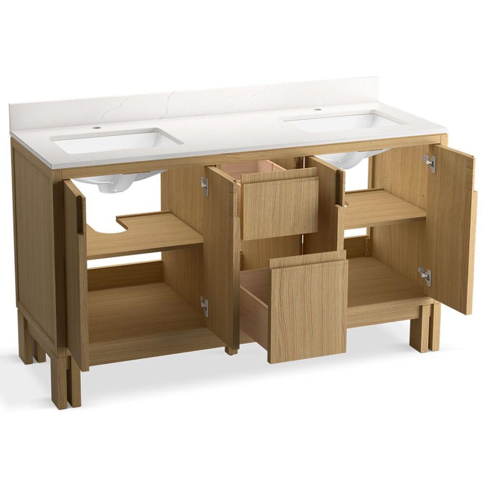 Kohler Solive 60" Double Bathroom Vanity in Light Oak with 2 cm White Quartz Top and Rectangular Sinks, , large