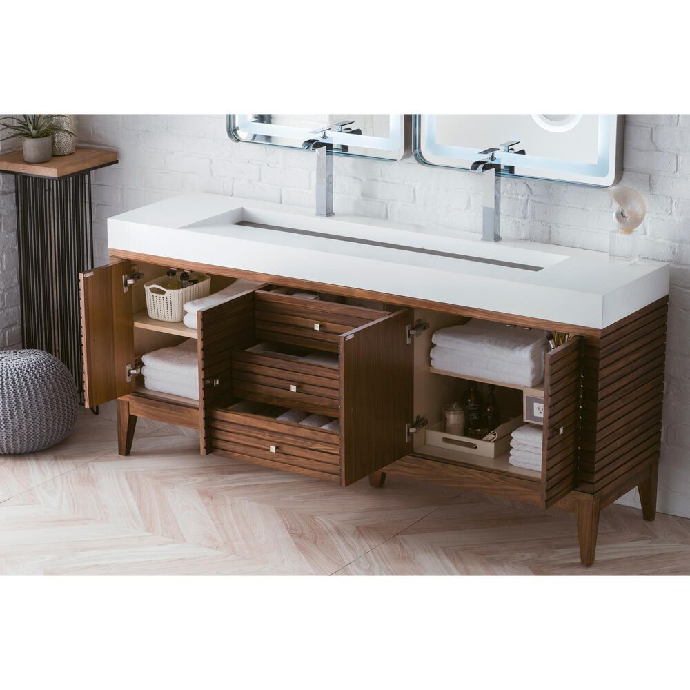 James Martin Vanities Linear 72&quot; Double Bathroom Vanity in Mid Century Walnut with 10 cm Glossy White Solid Surface Top and Rectangular Sinks, , large