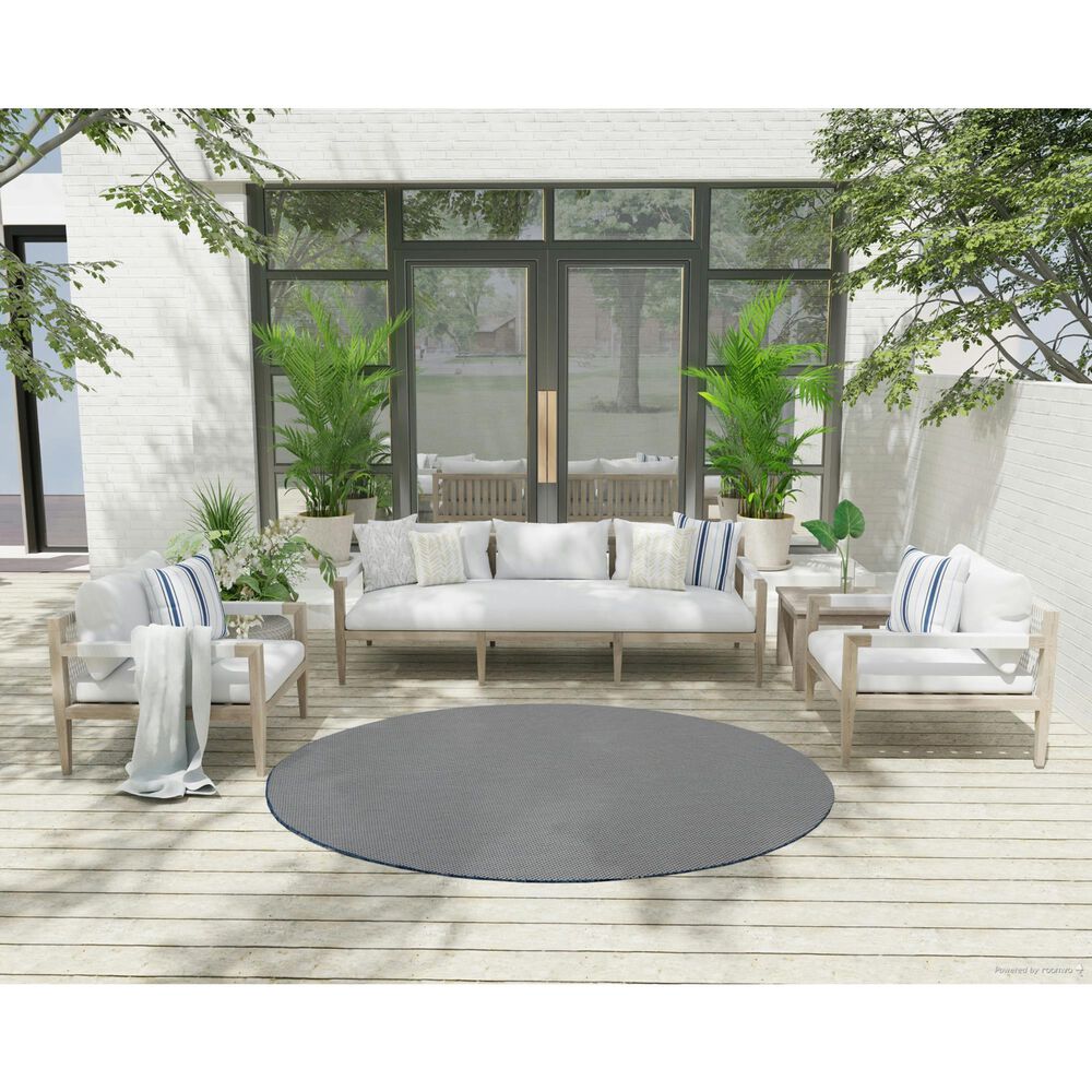 Nourison Courtyard Ivory and Blue 6&#39; Round Indoor/Outdoor Area Rug, , large