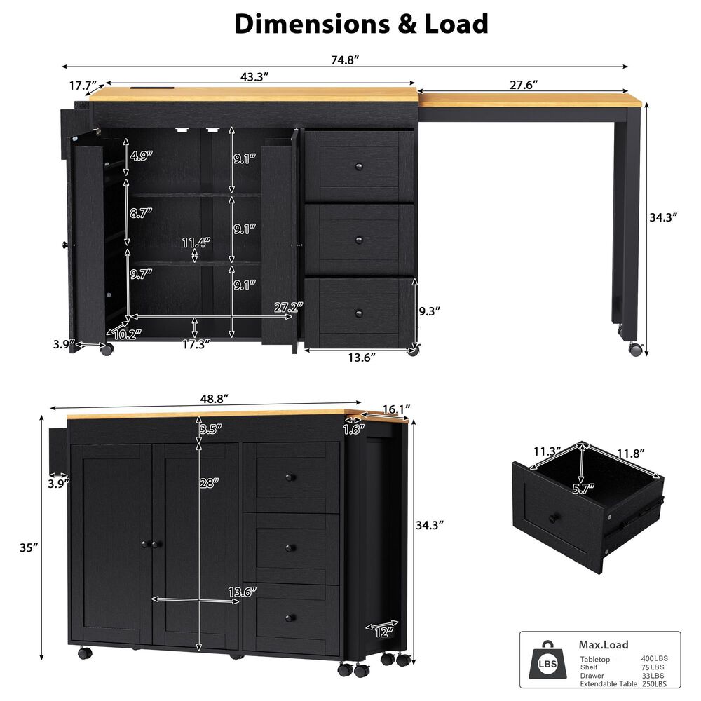 HOMLUX 74.8" Kitchen Island with Extendable Dining Table in Black and Natural, , large