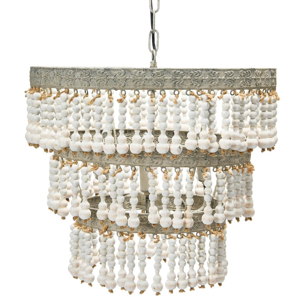 Creative Coop Laurel 3-Tier Wood Bead Chandelier with Antique White Shade, , large