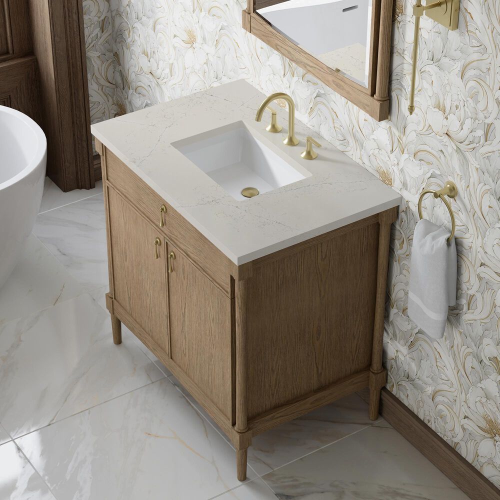 James Martin Kinnsden 36" Single Bathroom Vanity in Weathered Oak with 3 cm Siberian Silestone Top and Rectangular Sink, , large