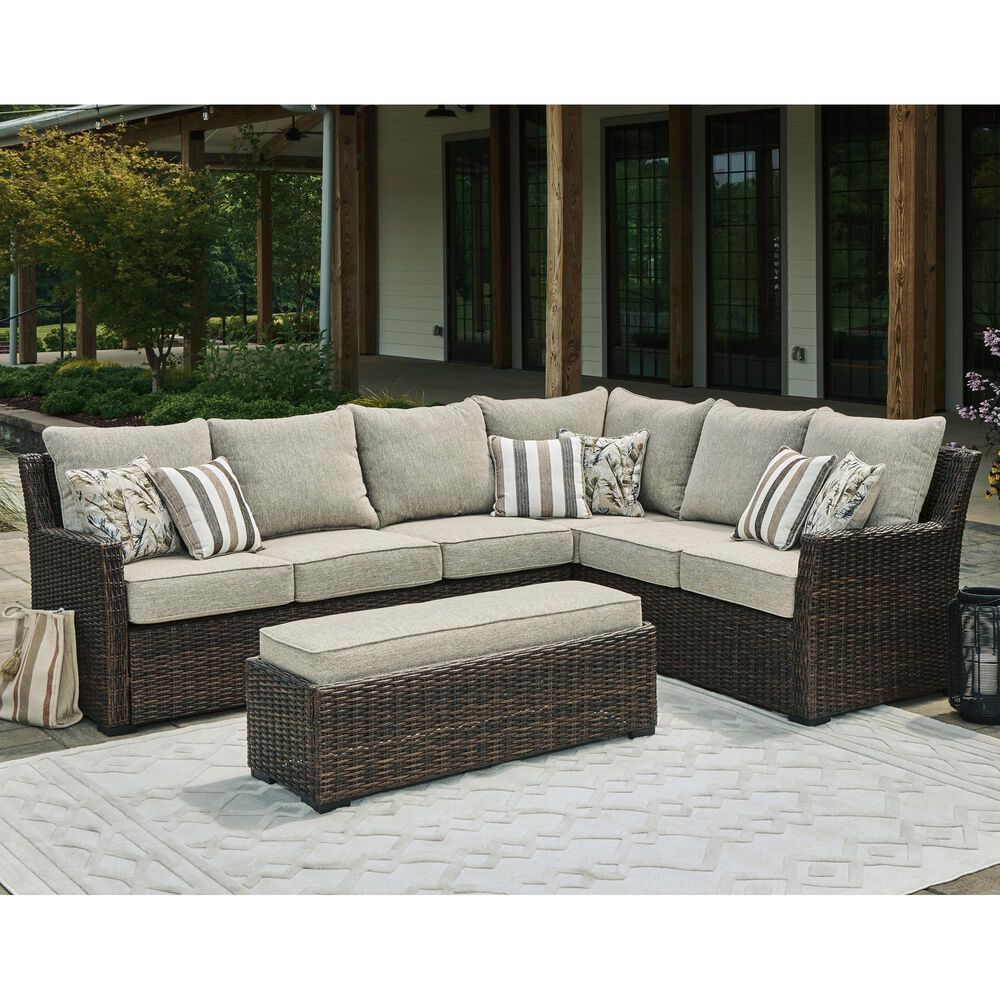 Ashley Brook Ranch 3-Piece Outdoor Sofa Sectional with Bench in Brown, , large