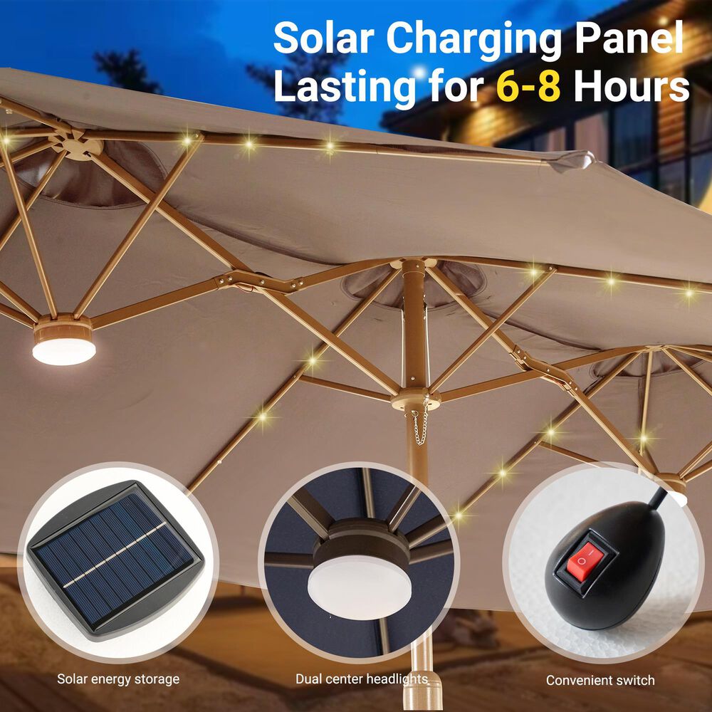 HOMLUX 15' Outdoor Market Umbrella with Sandbags Base and LED Lights in Khaki, , large