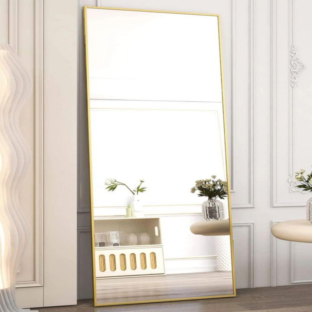 HOMLUX 58" x 18" Rectangular Leaning Floor Mirror in Gold, , large