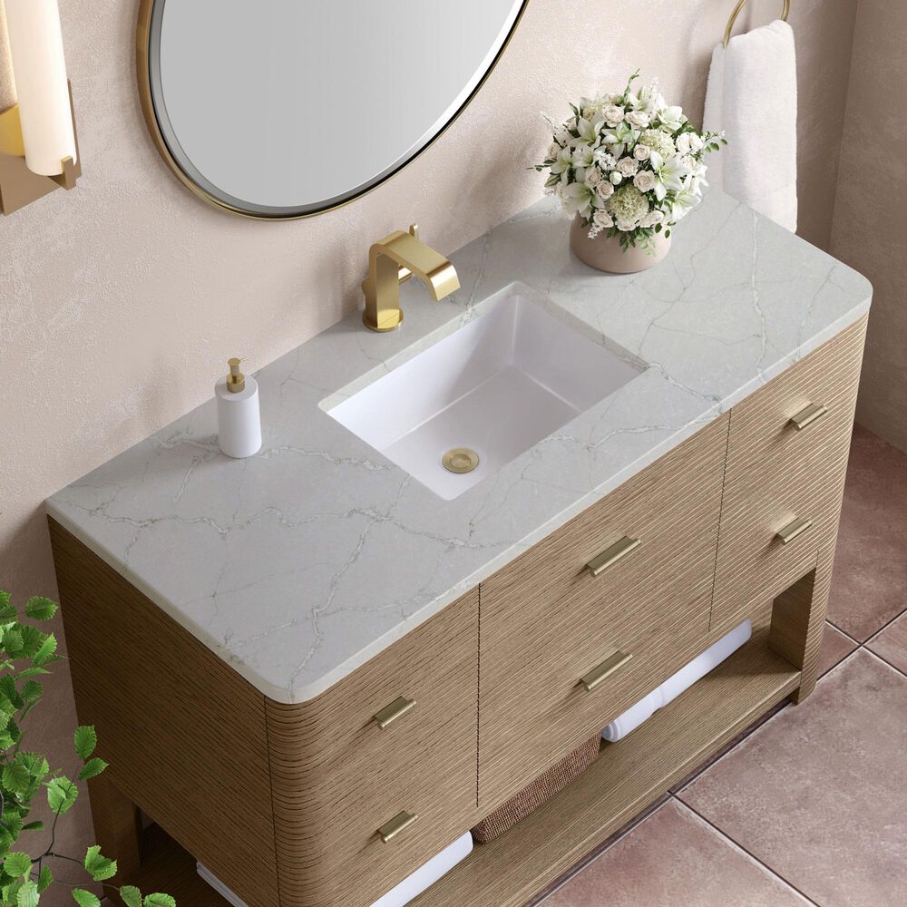 James Martin Vanities Lucian 48" Single Bathroom Vanity in Pebble Oak with 3 cm Victorian Silver Quartz Top, Rectangular Sink and FreePower Wireless Charger, , large