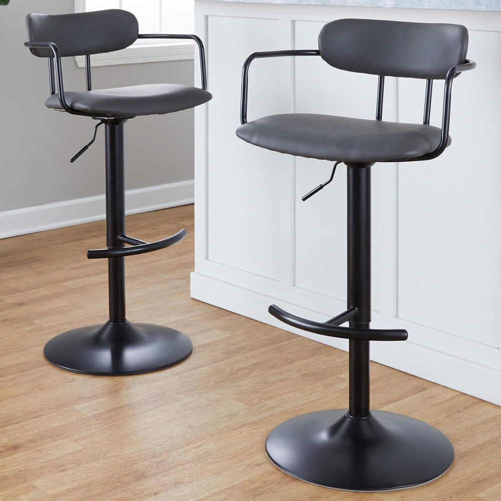 LumiSource Demi Swivel Adjustable Bar Stool with Grey Upholstery in Black (Set of 2), , large
