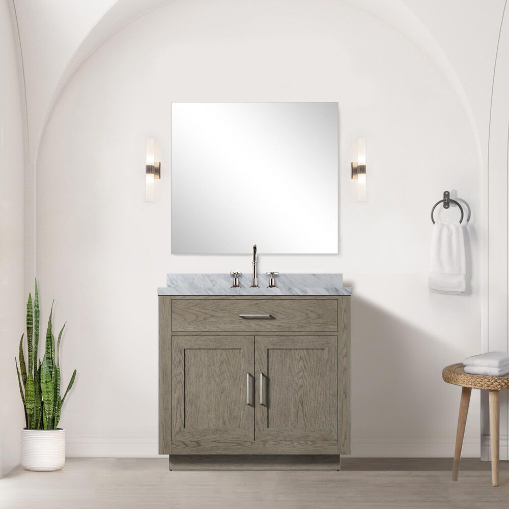 Lexora Home Abbey 36&quot; Single Bathroom Vanity in Grey Oak with 2 cm White Carrara Marble Top and Rectangular Sink, , large