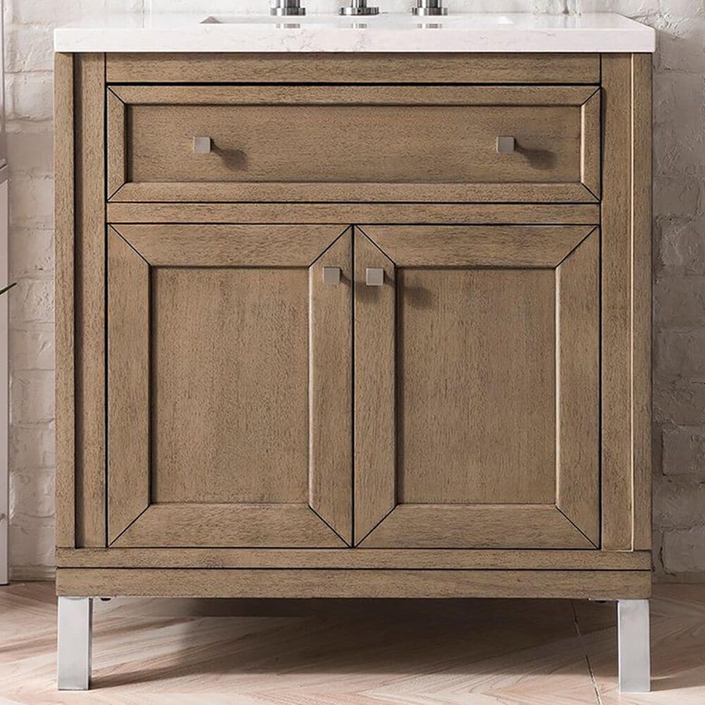 James Martin Vanities Chicago 30&quot; Single Bathroom Vanity in Whitewashed Walnut with 3 cm Eternal Jasmine Pearl Quartz Top and Rectangular Sink, , large