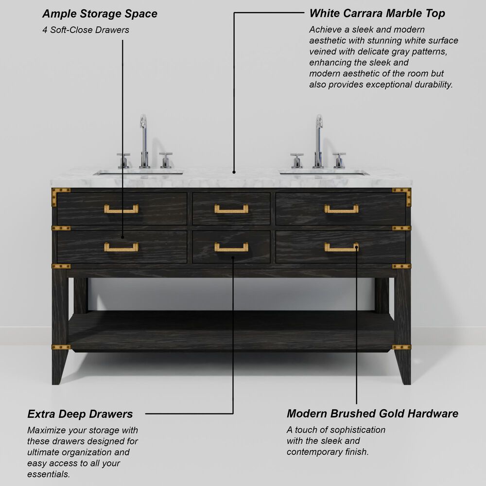 Lexora Home Norwalk 60&quot; Double Bathroom Vanity in Black Oak with White Carrara Marble Top and Rectangular Sinks, , large