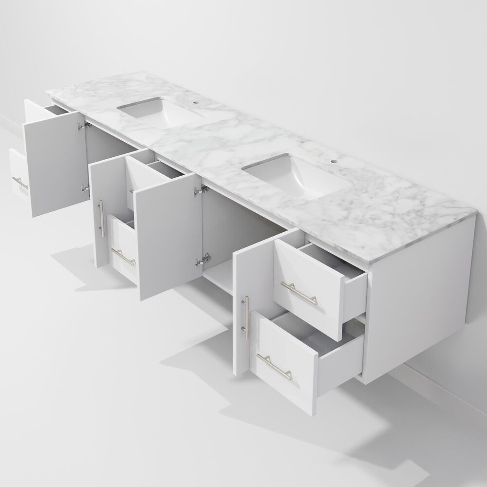 Lexora Home Geneva 84" Double Bathroom Vanity in Glossy White with 2 cm White Carrara Marble Top and Rectangular Sinks, , large