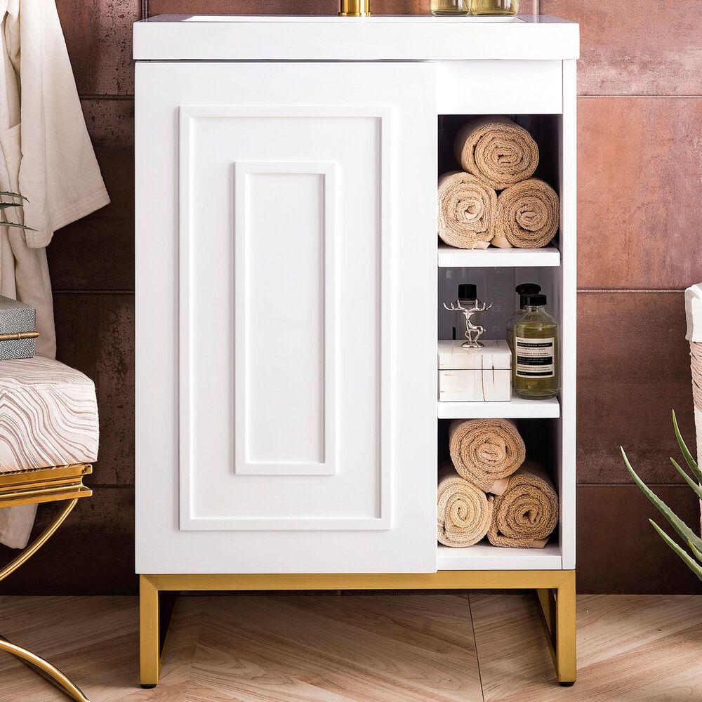 James Martin Vanities Alicante 24&quot; Single Bathroom Vanity in Glossy White and Radiant Gold with 5 cm White Glossy Resin Top and Rectangular Sink, , large
