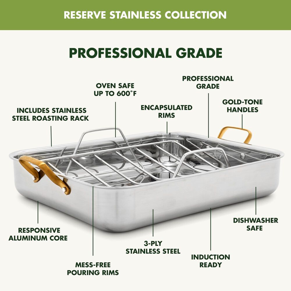 Green Pan Reserve 13" x 16" Roaster with Rack in Stainless Steel, , large