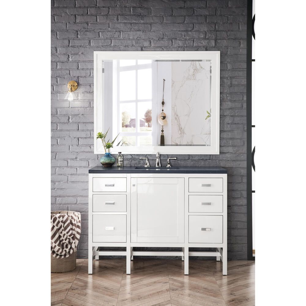 James Martin Vanities Addison 48" Single Bathroom Vanity in Glossy White with 3 cm Charcoal Soapstone Quartz Top and Rectangular Sink, , large