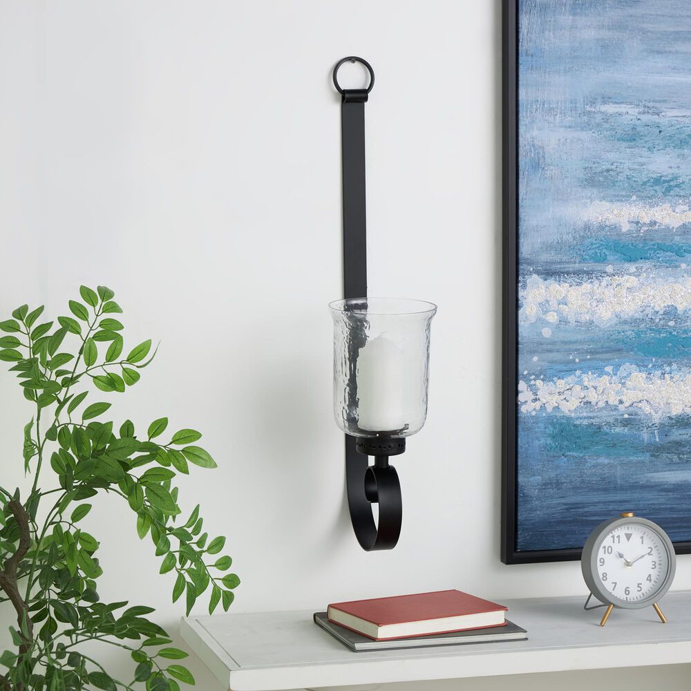 Maple and Jade 31&quot; Handmade Pillar Scroll Indoor/Outdoor Wall Sconce in Matte Black and Clear, , large