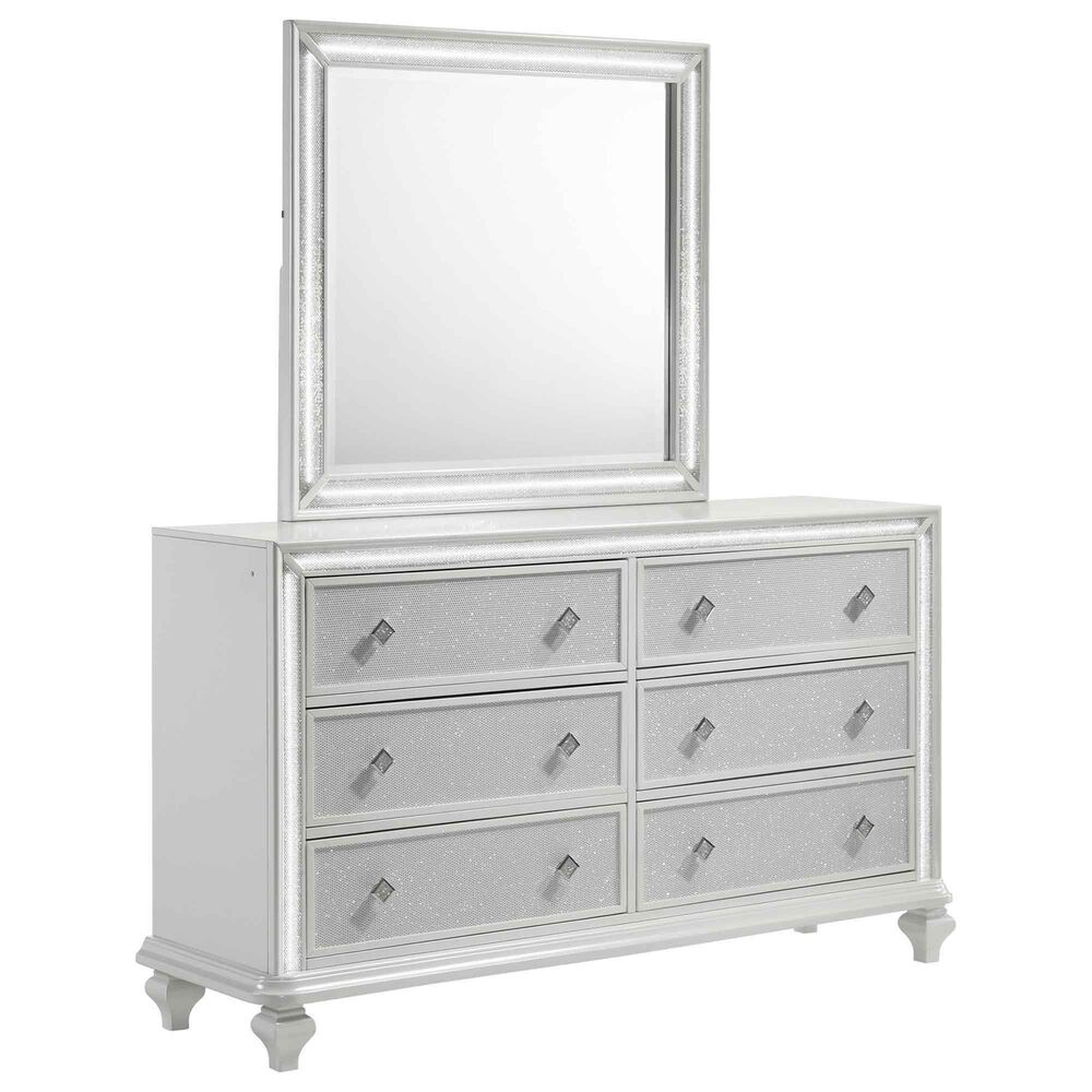 New Heritage Design Stardust 6-Drawer Dresser and Mirror in White and Silver, , large