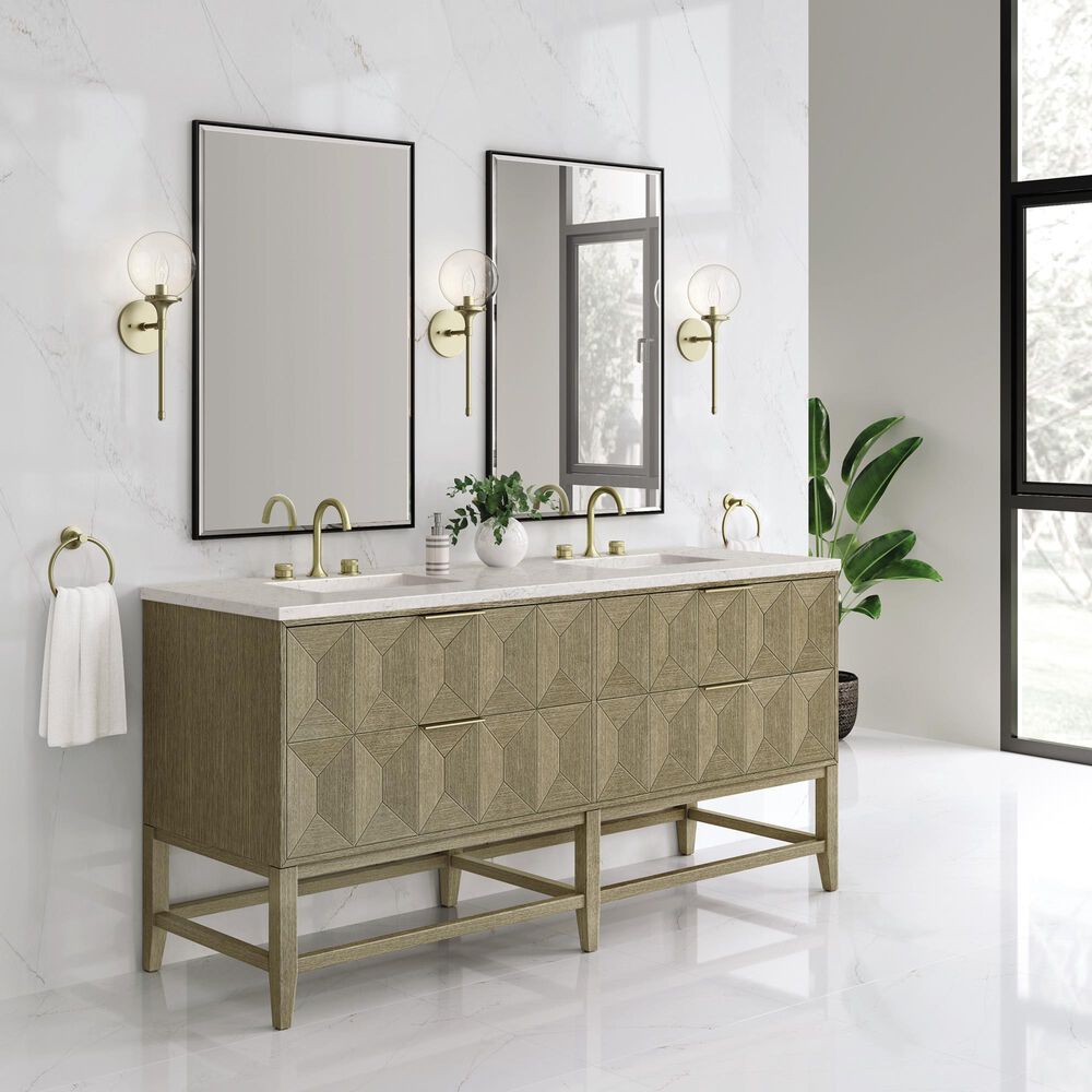 James Martin Vanities Emmeline 72" Double Bathroom Vanity in Pebble Oak with 3 cm Eternal Jasmine Pearl Quartz Top and Rectangular Sinks, , large