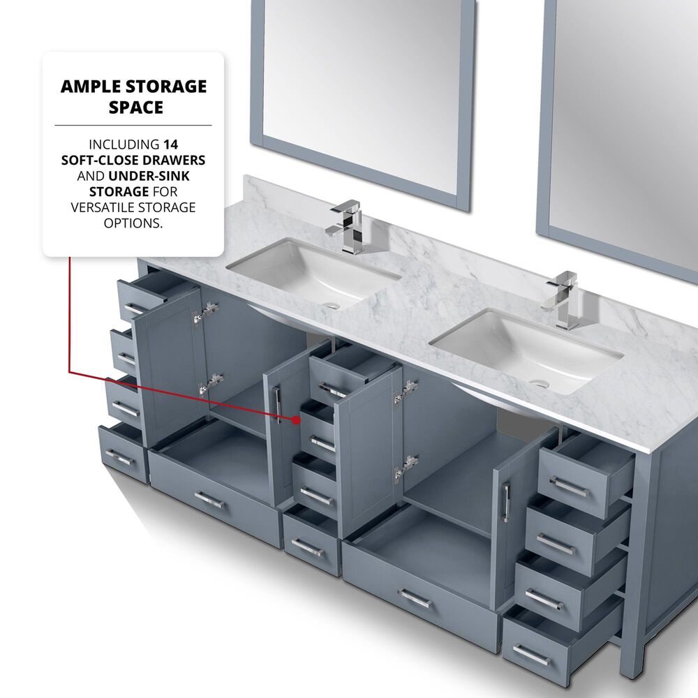 Lexora Home Jacques 84&quot; Double Bathroom Vanity in Dark Grey with 2 cm White Carrara Marble Top and Rectangular Sinks, , large