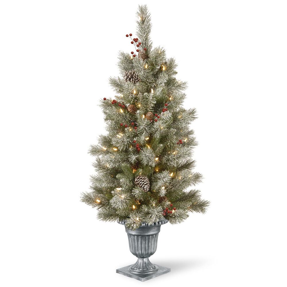 National Tree 4" Feel Real Snowy Bristle Berry Entrance Tree with Red Berries, Mixed Cones & 100 White Lights, , large