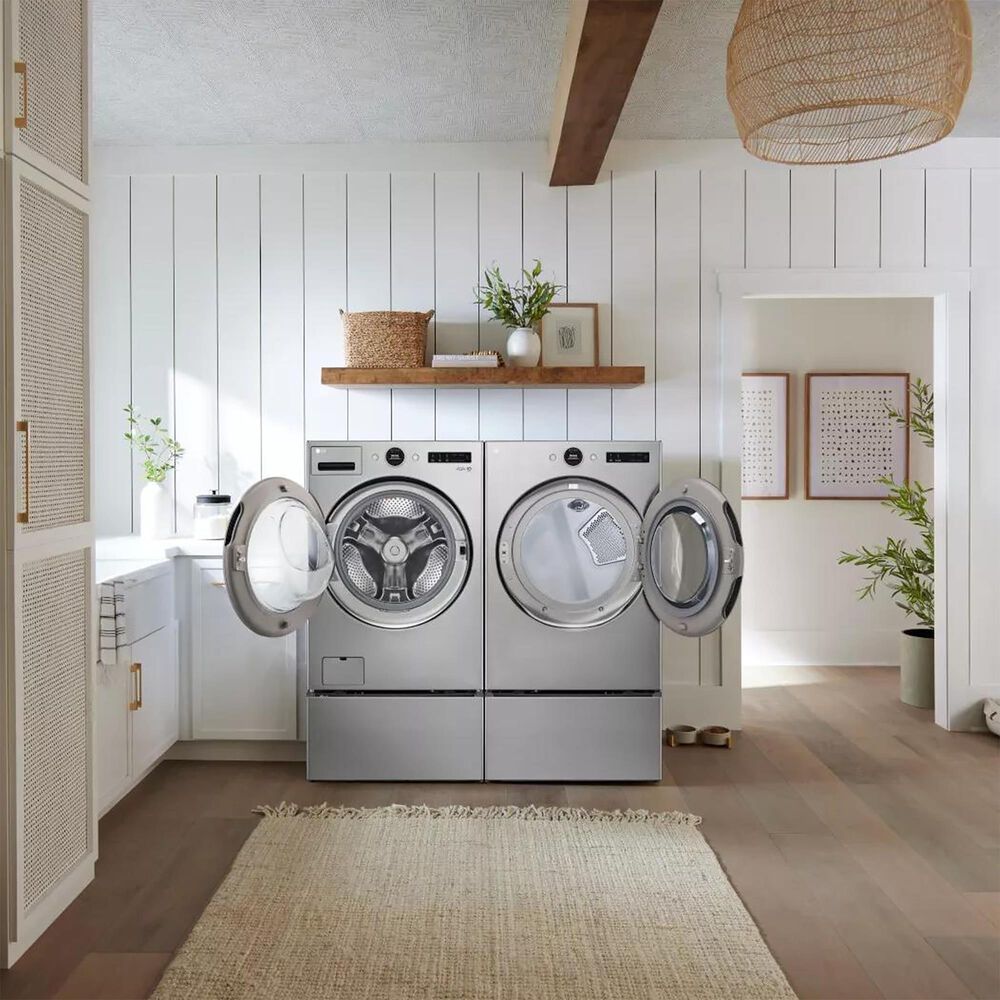 LG Front Load Washer and Electric Dryer with Pedestal in Stainless Still, , large