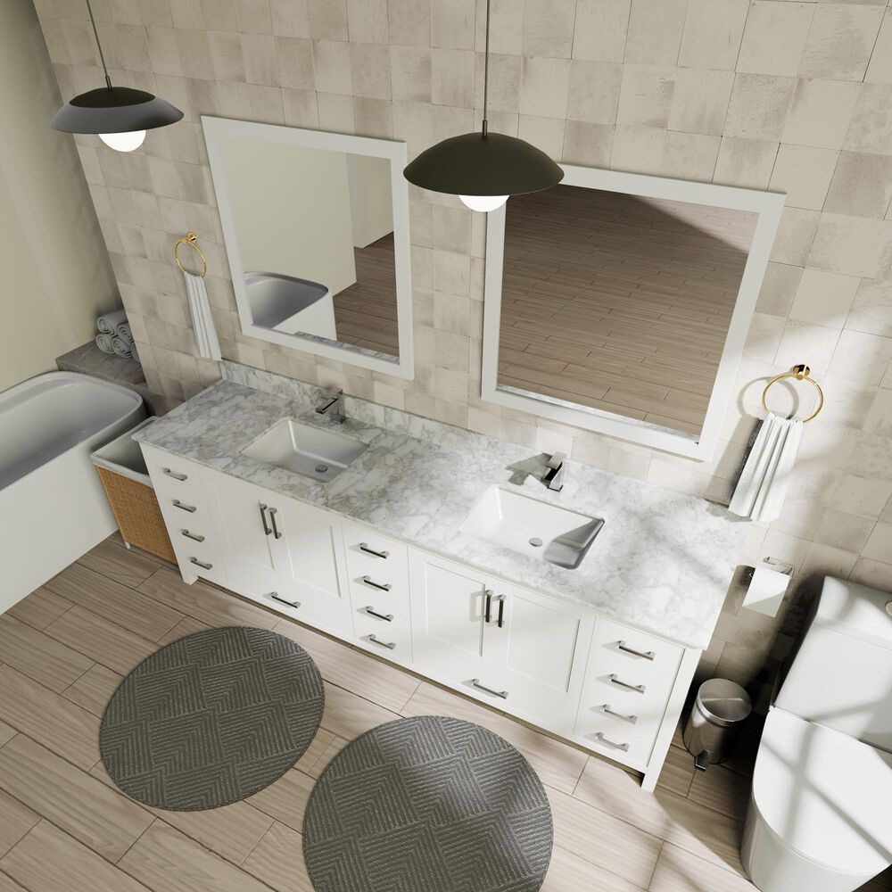 Lexora Home Jacques 84&quot; Double Bathroom Vanity in White with 2 cm White Carrara Marble Top and Rectangular Sinks, , large
