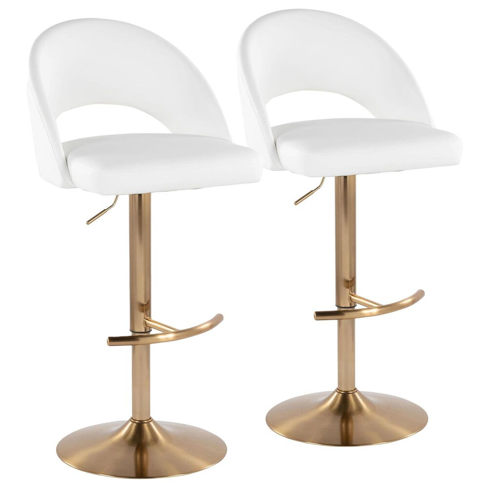 LumiSource Renee Adjustable Swivel Bar Stool with White Faux Leather Upholstery in Gold (Set of 2), , large
