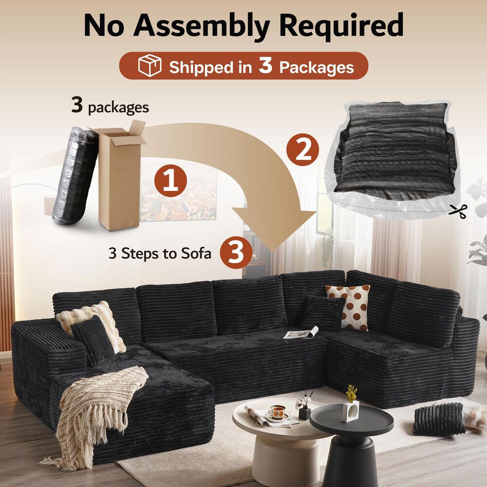 Noviland HOMLUX Modular Floor Sofa with Plush Corduroy, U-Shaped Sectional Cloud Couch with Chaise in Black, , large