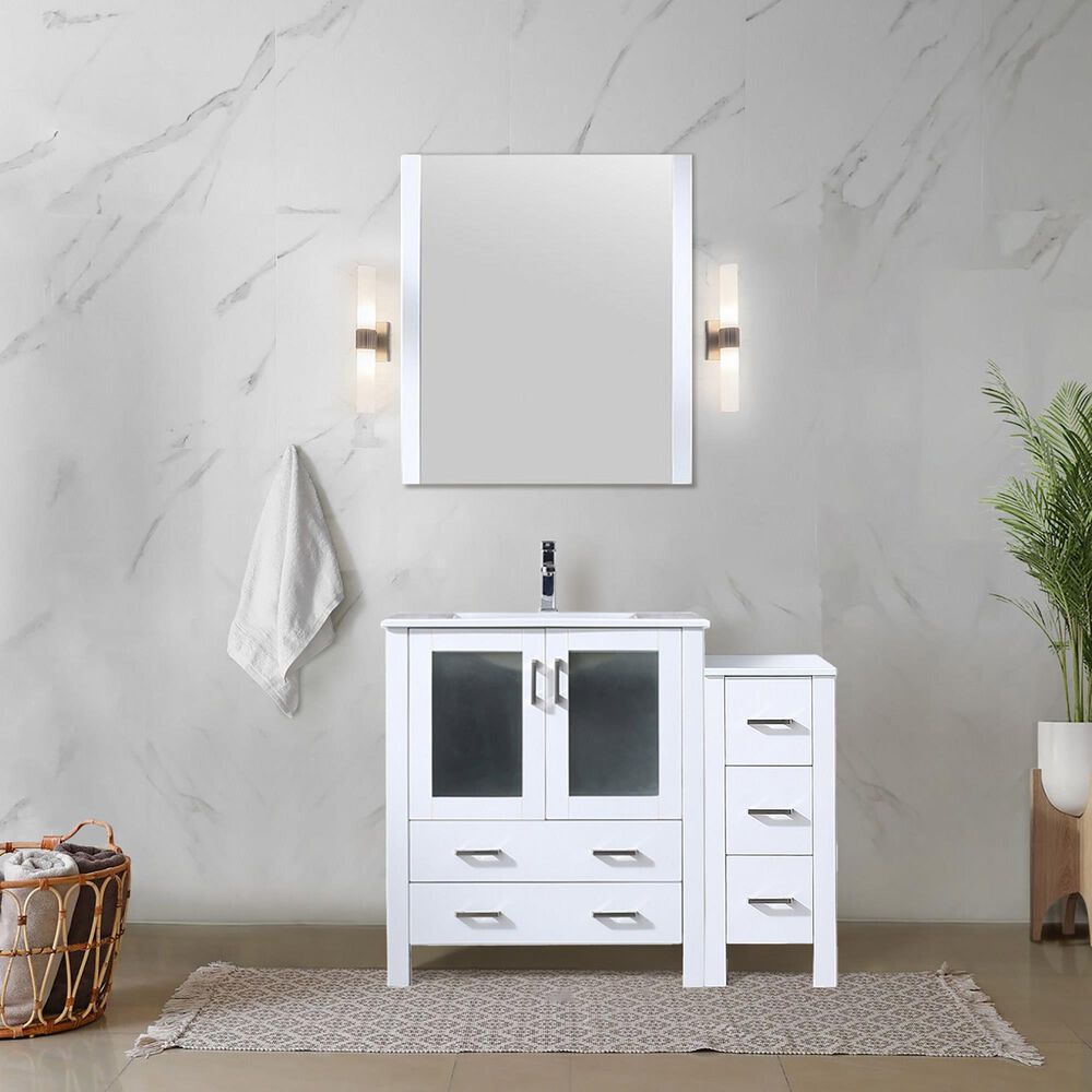 Lexora Home Volez 42" Single Bathroom Vanity in White with 2 cm White Ceramic Top, Rectangular Sink and Side Cabinet, , large