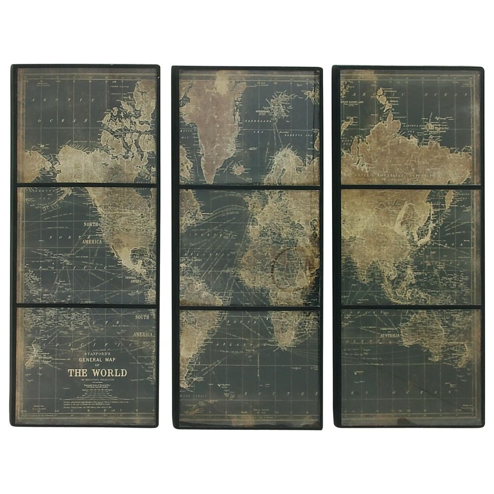 Maple and Jade 44" x 18" World Map Wall Panels in Brown (Set of 3), , large
