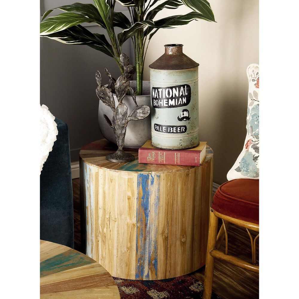 Maple and Jade Handmade Pinwheel Drum Accent End Table in Light Brown, , large