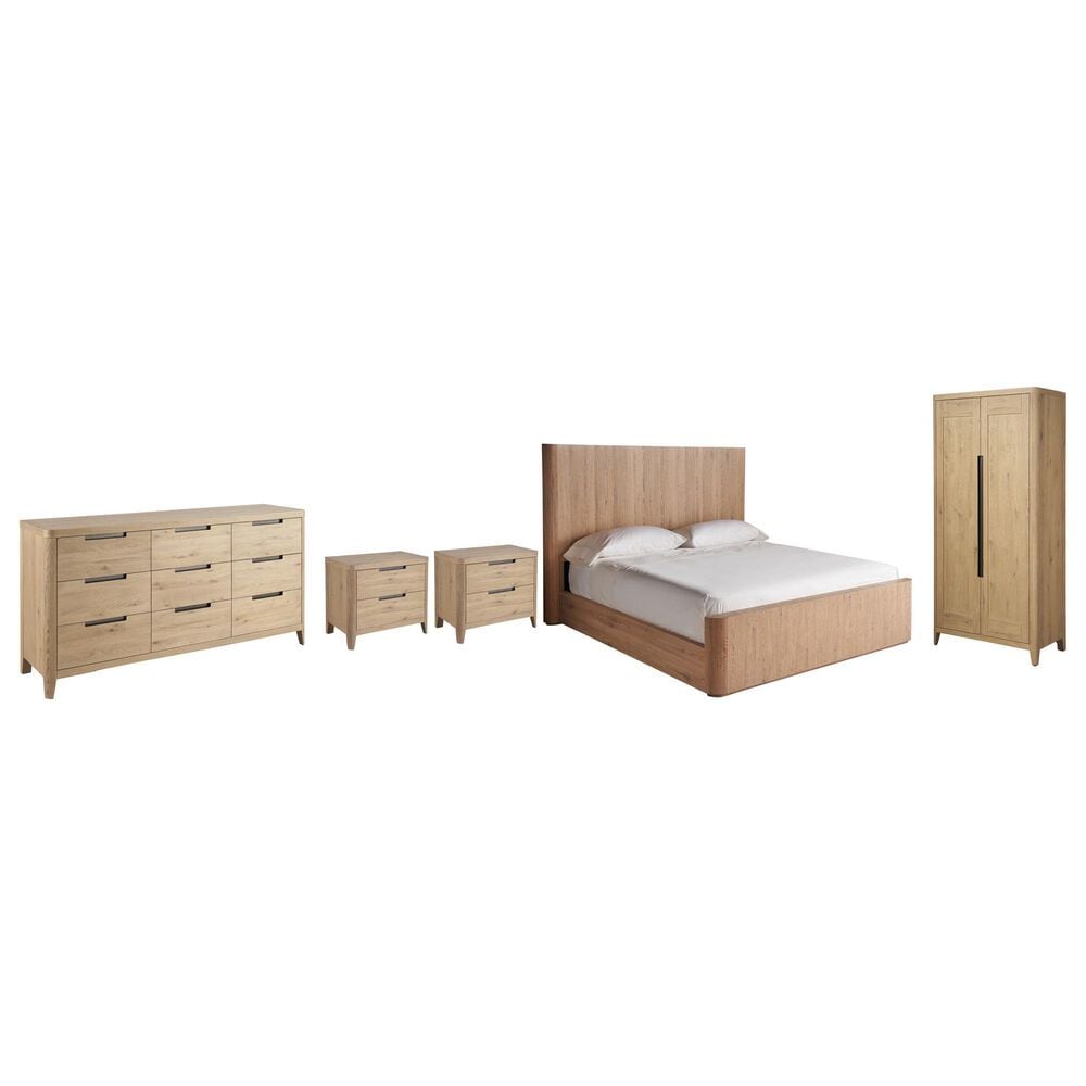 Universal Furniture Modern Walker California King Panel Bed with Dresser, Wardrobe and Two Nightstands in Natural Oak with AC Outlets and USB Ports, , large