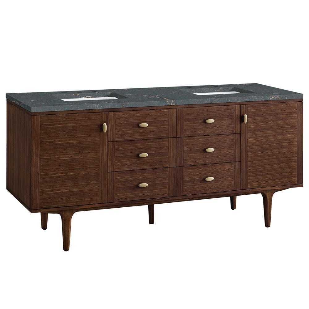 James Martin Vanities Amberly 72" Double Bathroom Vanity in Mid-Century Walnut with 3 cm Parisien Bleu Quartz Top and Rectangular Sinks, , large