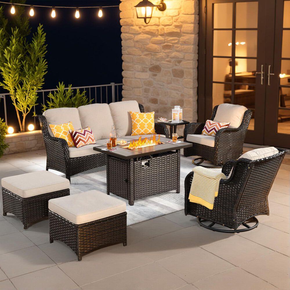 HOMLUX 7-Piece Patio Set with 42 Inch Fire Pit Table, Outdoor Wicker Sofa and Swivel Rocking Chairs, Brown Rattan in Beige, , large