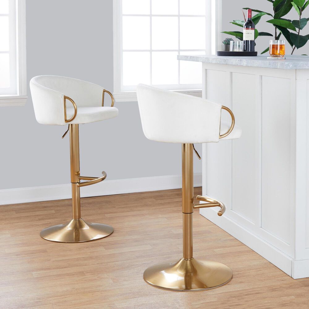 LumiSource Claire Swivel Adjustable Barstool with Cream Velvet Upholstery in Gold (Set of 2), , large