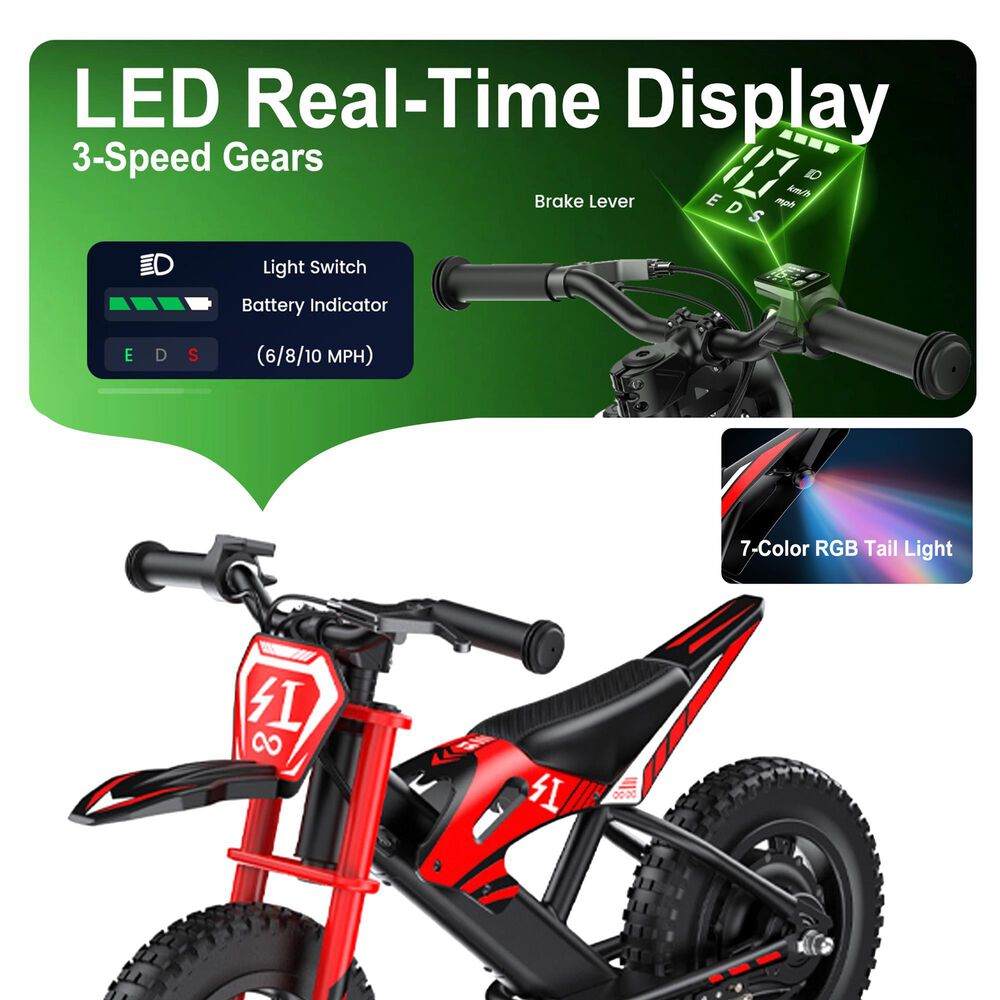 HOMLUX 200W 10-Mile Kids Electric Balance Motorcycle with LED Lights in Red, , large
