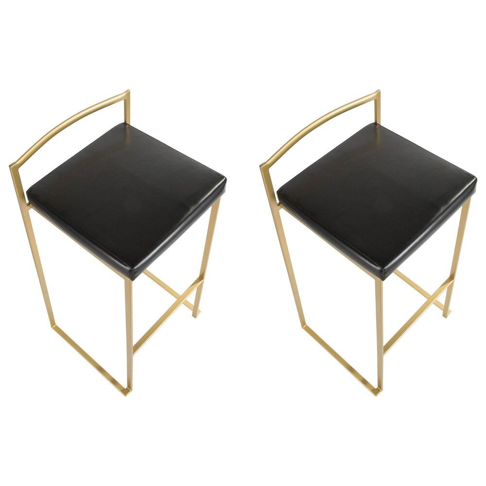 Lumisource Fuji Stackable Barstool with Black Faux Leather in Gold &#40;Set of 2&#41;, , large