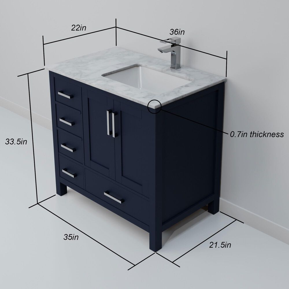 Lexora Home Jacques 36&quot; Right Offset Single Bathroom Vanity in Navy Blue with 2 cm White Carrara Marble Top and Rectangular Sink, , large