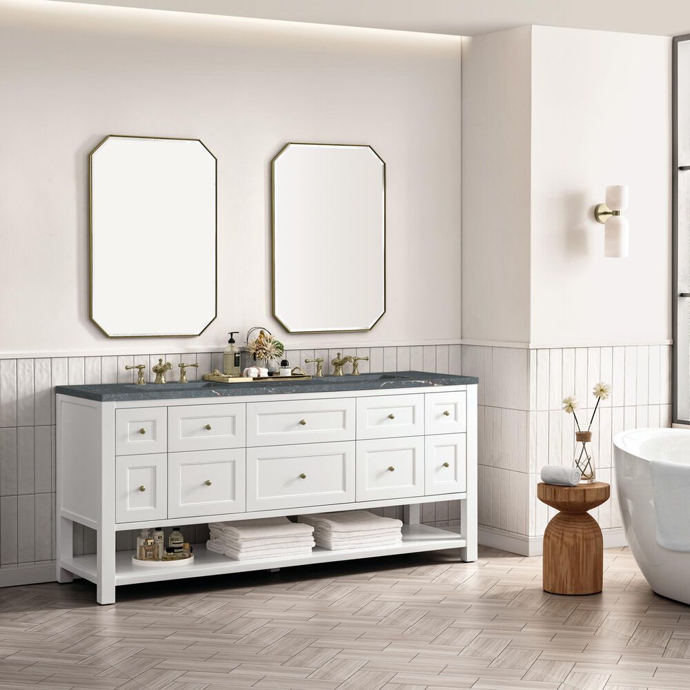 James Martin Vanities Breckenridge 72&quot; Double Bathroom Vanity in Bright White with 3 cm Parisien Bleu Quartz Top and Rectangular Sinks, , large