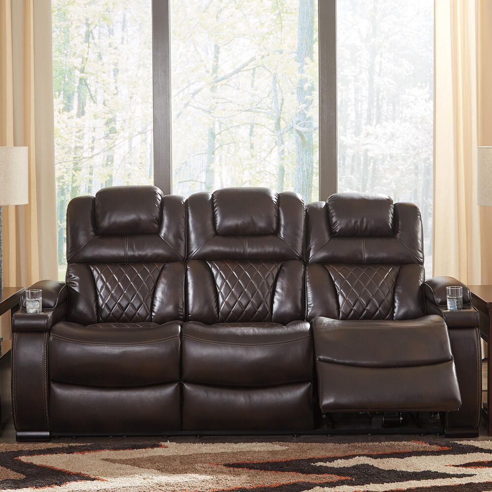 Ashley Warnerton Dual Power Reclining Sofa with Power Headrests in Chocolate, , large