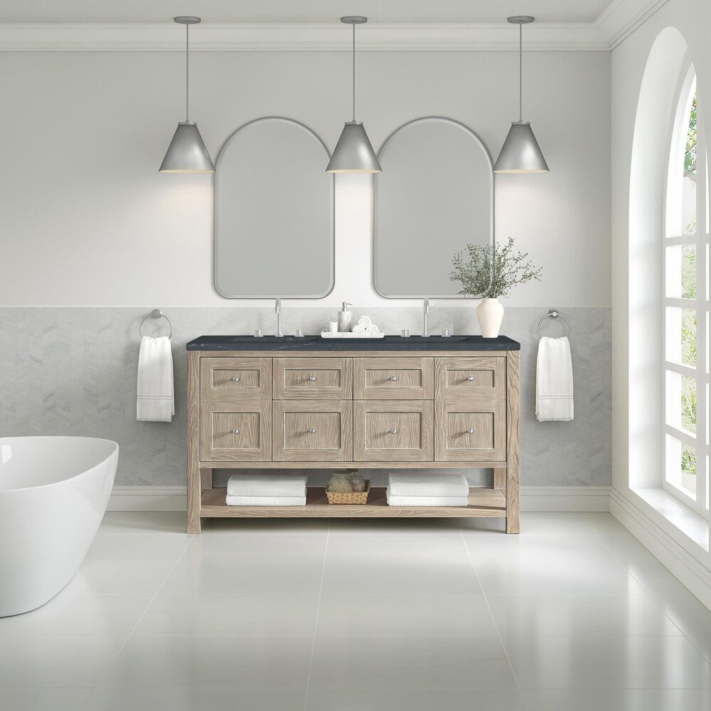 James Martin Vanities Breckenridge 60&quot; Double Bathroom Vanity in Whitewashed Oak with 3 cm Charcoal Soapstone Quartz Top and Rectangular Sinks, , large